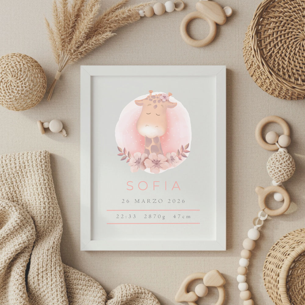 grafika-žirafa quadretto nascita, quadretto nascita personalizzato, quadretto nascita con nome, quadretto nascita con tutti i dati dela nascita, neonato ottima idea regalo