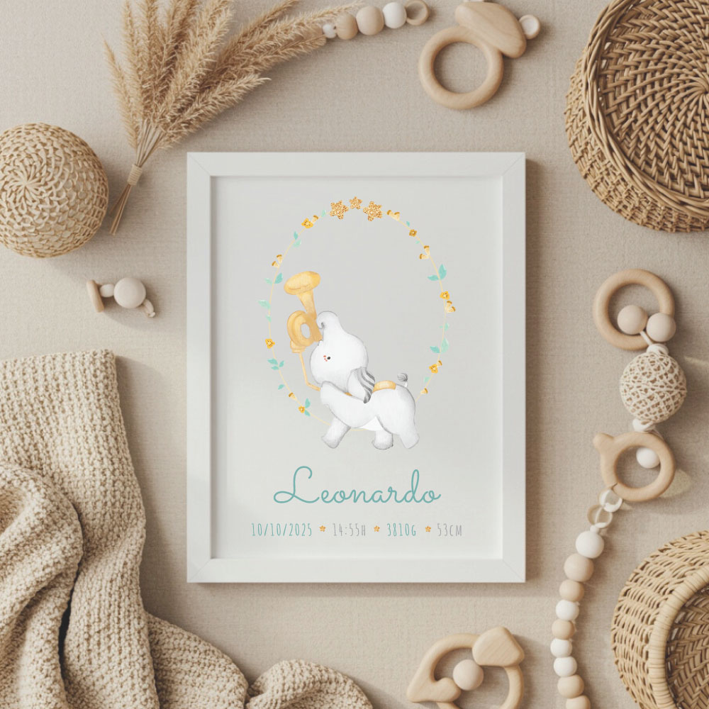 grafika-slonček-s-trobento quadretto nascita, quadretto nascita personalizzato, quadretto nascita con nome, quadretto nascita con tutti i dati dela nascita, neonato ottima idea regalo